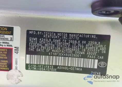 2011 Toyota Camry Le from USA, damaged, VIN 4T1BF3EK4BU629061